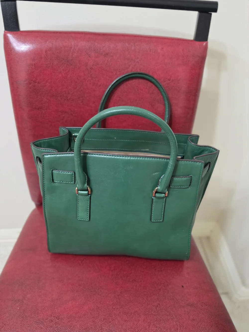 Michael Kors- Green Leather Top-Handle Tote with Gold Lock